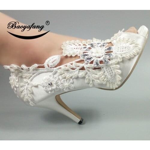 BaoYaFang Peep Toe Women Party Dress shoe woman High heel Fish Toe White Flower Pearl Crystal Bridal Wedding shoes fashion