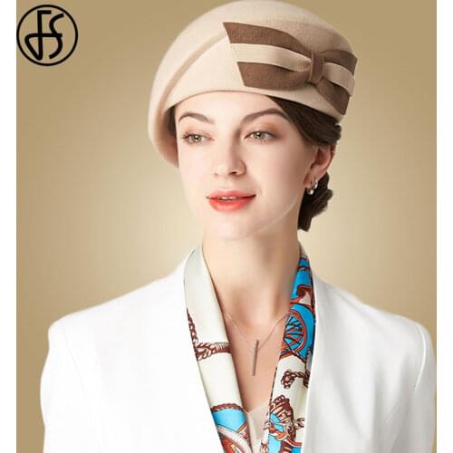 FS Vintage Wool French Beret Hats For Women Fashion Fedora 2021 Black Felt Hats Winter Bow Wedding Church Hat Ladies Femme