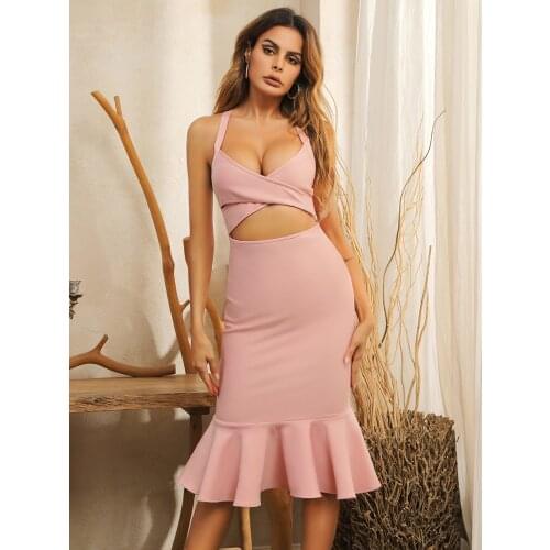 Pink birthday dress for women V-neck Cross Hollow Out bodycon dress Elastic Bandage bodycon dress women