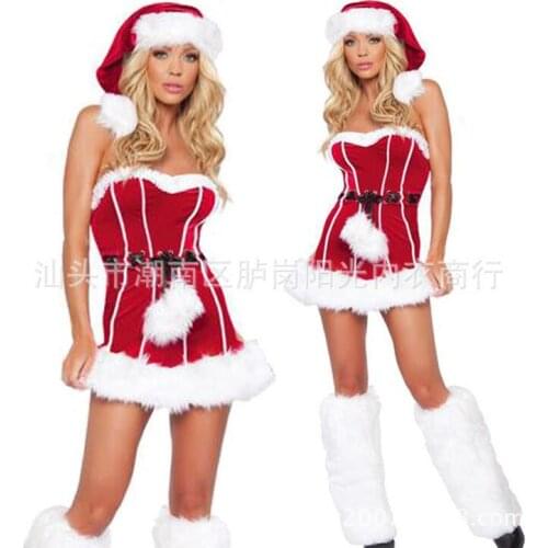Fantasias Femininas Christmas Uniform Disfraces Sexy Striped Red And White Mini Strapless Dress With Belt Christ Costumes T1425