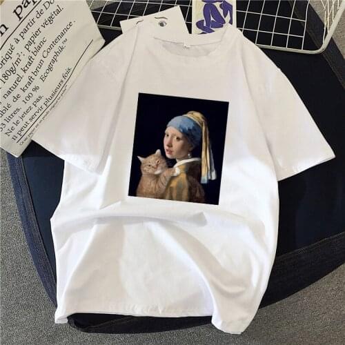 2021 Summer Women T-shirt Cat oil painting Printed Tshirts Casual Tops Tee Harajuku 90s Vintage White tshirt Female Clothing