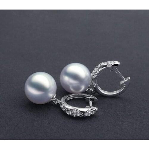 Free Shipping AAA 9.5-10mm White South Sea Cultured Pearl Diamond Drop Earrings 18K White Gold