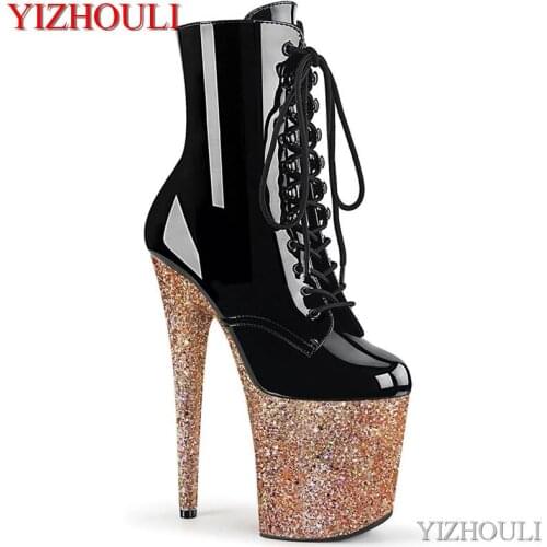 Sexy round head high-heeled ankle boots, shiny fabric bag heel models with 20cm high heel party pole dancing, dancing shoes