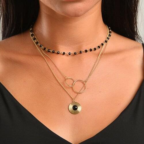 Black Glass Beaded Chains Pendant Multiple Layering Necklaces Jewelry for Women