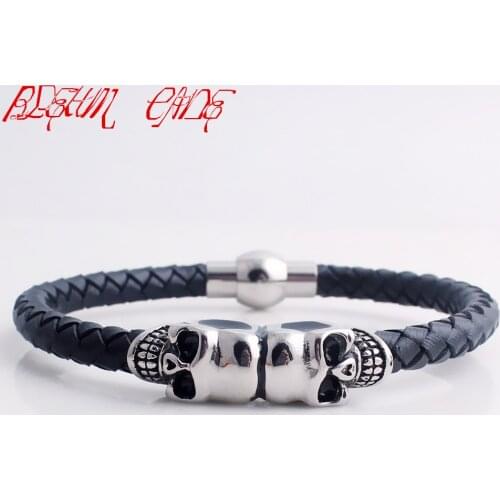 Black Genuine Leather Skeleton Skull Charm Bracelet Men Gift Magnet Punk Rock Jewelry Stainless Steel Cuff Bangle