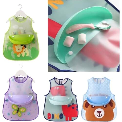 Baby Adjustable Bibs with Pocket Plastic Waterproof Feeding Smock Cartoon Apron D0AF