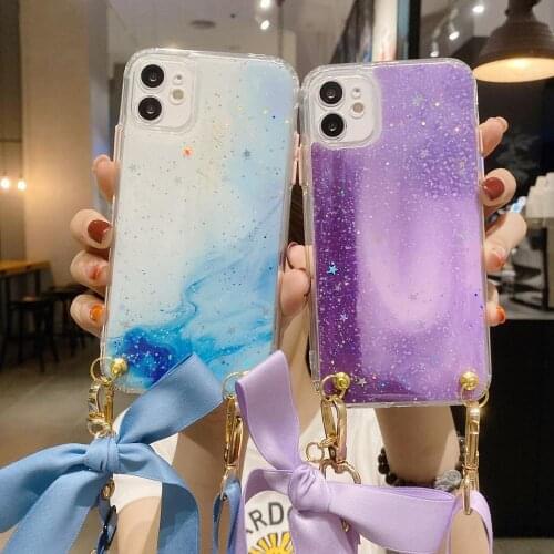 Epoxy Glitter Sequins Phone Case for iPhone 11 Pro XS Max XR 7 8 Plus Fashion Bowknot Hanging Rope Crossbody Strap Marble Cover