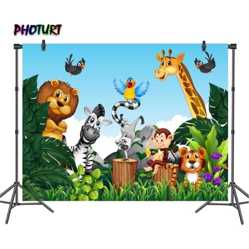 PHOTURT Jungle Safari Backdrop Kids Birthday Baby Shower Background Lion Monkey Zebra Polyester Vinyl Photography Banner Props
