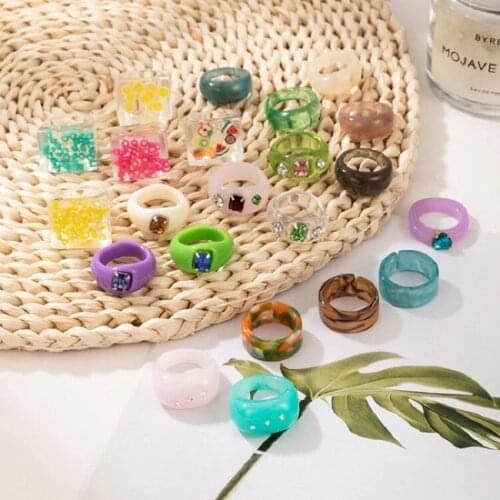 HuaTang Korean Fashion Fresh Fruits Transparent Resin Acrylic Ring For Women Girls New Design Strawberry Lemon Finger Jewelry