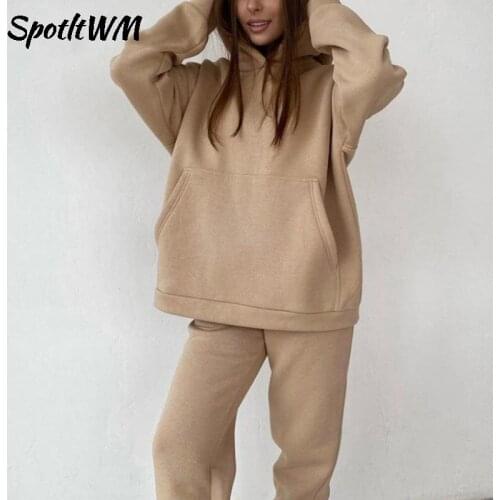 SpotLtWM Casual Women Fleece Tracksuit Autumn Winter Loose Suits Hoodies Pullover Sweatshirt And High Waist Pants Two Piece Set