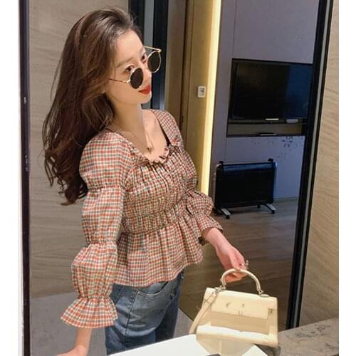 DAXIN Summer Women Retro Blouse Square Collar Plaid Shirt Trumpet Sleeve Plaid Shirt Slim Waist All-match Shirt Top
