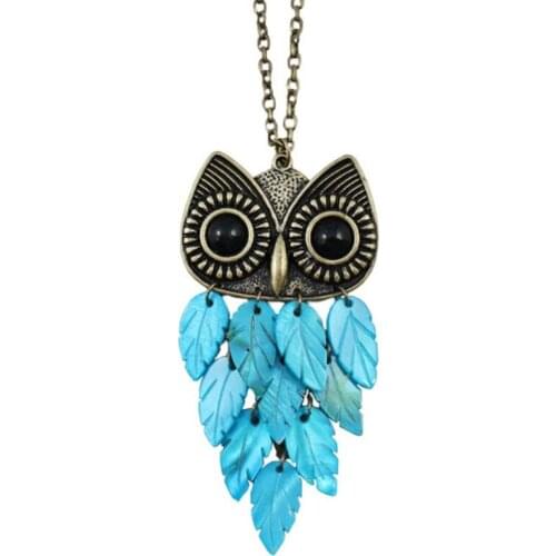 Vintage Style Copper Wisdom Owl Shape Layer Leaf Blue Shell Pendant Link Chain Necklace Animal Jewelry
