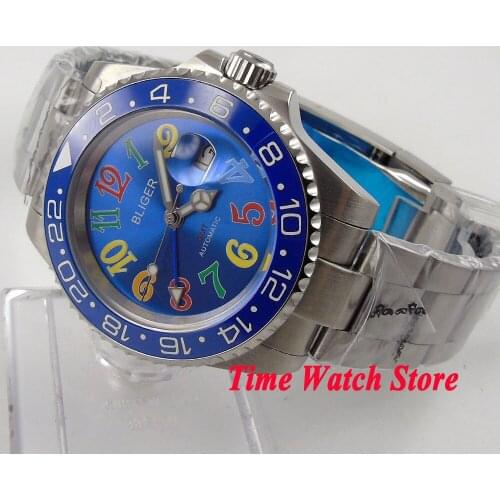 Bliger 40mm blue dial date colorful marks saphire glass blue Ceramic Bezel GMT Automatic movement Mens watch