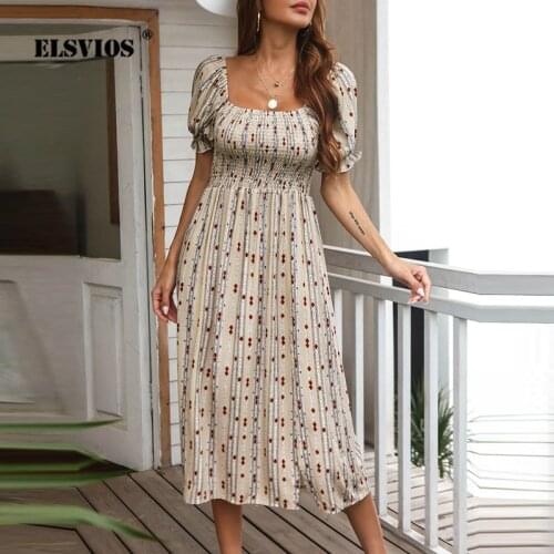 New Printed Puff Short-Sleeve Dress Summer Vacation Slim Elastic Square Collar High Waist A-Line Midi Women Casual Split Clothes