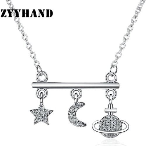 Platinum-Plated Clean Stone Women Necklace Moon Star Planet Elegant Cross Chain Lady Romantic Girl Neck Jewellery