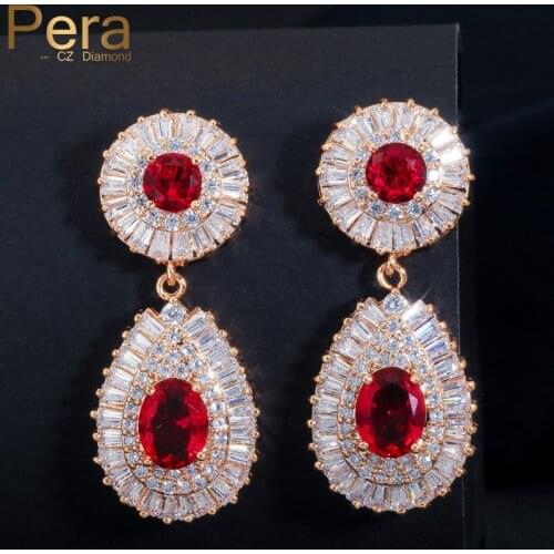 Pera Luxury Gold Color Big Round Red Cubic Zirconia Stone Dubai Bridal Wedding Drop Earrings Jewelry Accessories For Brides E131