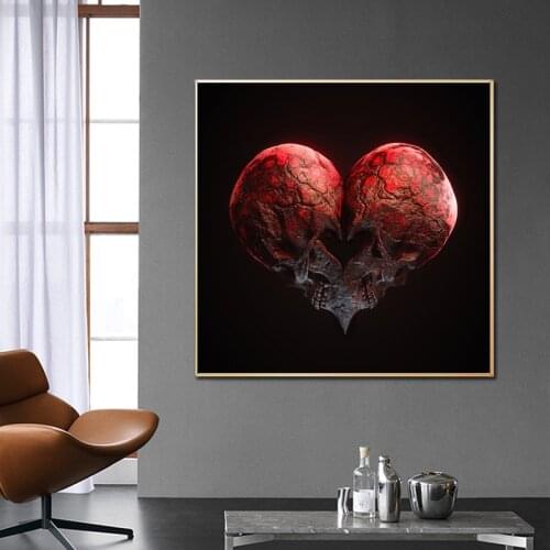 Modern Red Skull Sculpture Wall Art Love Heart Statue Canvas Painting Prints and Pictures Poster for Living Room Home Decoration
