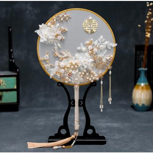 XinHuaEase Bride Wedding Accessories Round Fan Chinese Style Handheld Flowers Ancient Hanfu Photography Ornaments Vintage Luxury