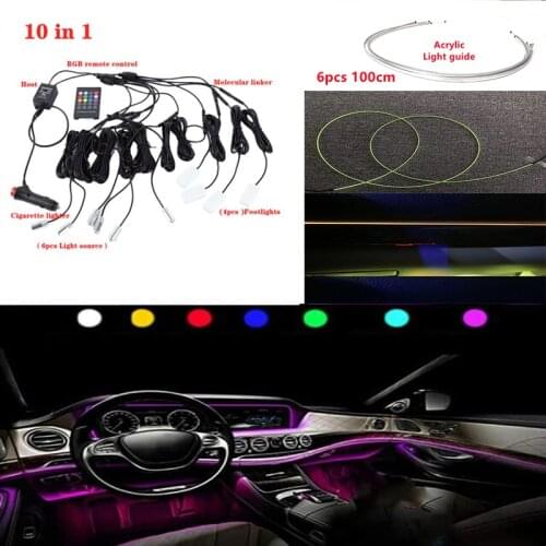 Universal 10 in 1 RGB LED Car Interior Decor Acrylic Fiber Optical Strip Light by App Control 12V Decorative Atmosphere Lamps