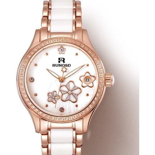 RUNOSD Rose Gold Ladies Watch Petal Zircon Dial Fashion Miyota Mechanical Movement Ceramic Bracelet Sapphire Stainless Steel