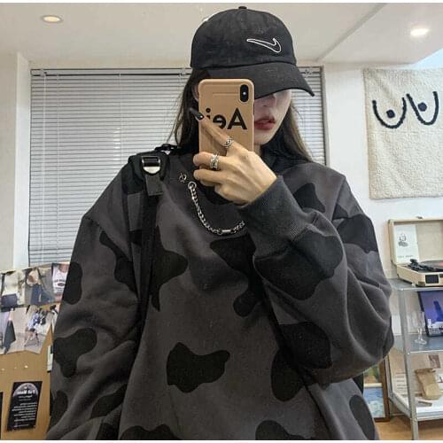 HOUZHOU Cow Print Oversized Hoodies Women Kawaii Korean Fashion Sweatshirts Pulovers Kpop Long Sleeve Top Streetwear Clothes
