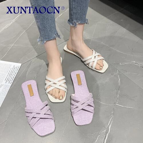 Low String Bead Female Shoes Ladies' Slippers Luxury Slides 2021 Designer Flat Summer Fabric Basic Fashion PU Rubber Hoof Heels