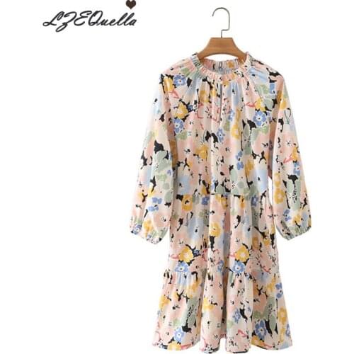 Women Loose Mini Dress Spring Autumn High Waist O Neck Long Sleeve Floral Printing Pleated Button Short Dresses Vestidos NZ3804