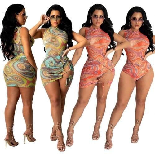 ZKYZWX Sexy Mesh Sheer Two Peice Club Outfits Sleeveless Bodycon Bodysuit Bandage Mini Dress Summer Vacation Beachwear Swimsuit