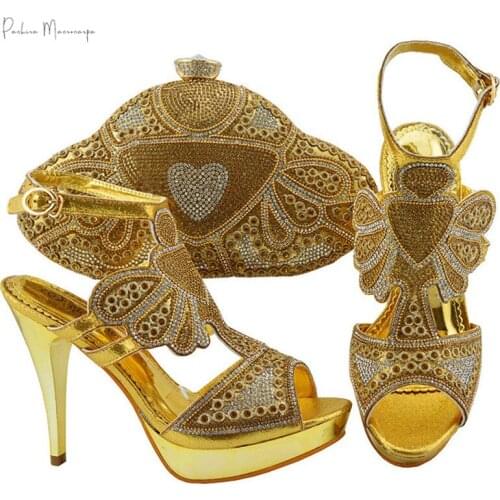 Golden Color Shoe and Bag Set New Women Shoes and Bag Set Italian Wedding Slipper African Shoes with Matching Bags Set