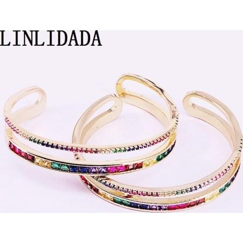 4Pcs 2019 Latest rainbow cubic zirconia cz paved gold filled elegance women bangle bracelet Fashion Jewelry
