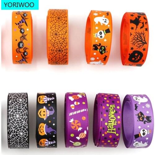 5 Yards 25mm Scary Halloween Pumpkin Ghost Printed Grosgrain Ribbon Happy Birthday Party Decorations Kids DIY Handmade Materials