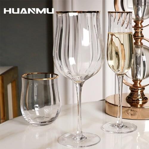 American Transparent Glass Tulip Stripe Wine Cup Gold Inlay Champagne Cocktail Cups Bar Drinkware Home Goblet Kitchen Tool