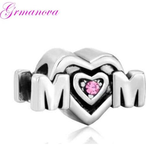 Pink crystal heart-shaped mother charm beads DIY jewelry classic popular Fit Pandora Bracelet Womens DIY Jewelry