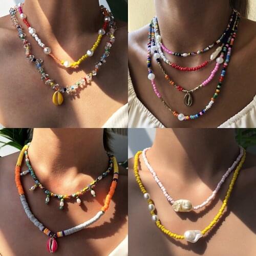 Bohemian Multi Layered Beaded Strand Necklace Women Layering Beach Shell Pearl Statement Necklace Jewelry Gift