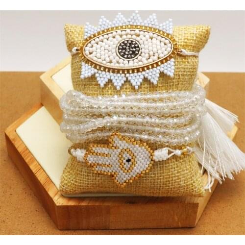 Ins Europe MIYUKI Bracelet Evil Eye Bracelet Hamsa Hand Jewelry Pulseras Green Crystal For Women Tassel Handmade Insta Fashion