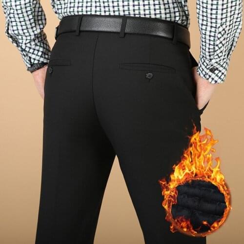 Mens casual pants fitness straight polyester long trousers plus size 2019 fall winter black business formal velvet slacks