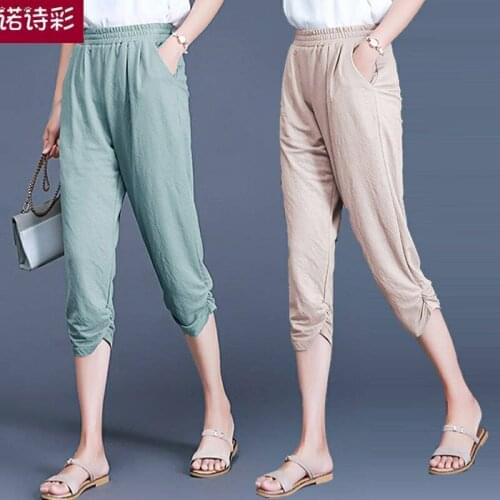 Women Pants Summer Elasticated Waist Cropped Pants Womens Pleated Loose Harem Casual Pants Pantalones De Mujer