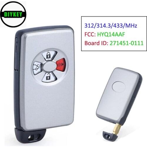 DIYKEY Board ID: 271451-0111 Smart Remote Key Fob 4 Button 312 / 314.3 / 433MHz for 2005 2006 Toyota Avalon FCC: HYQ14AAF