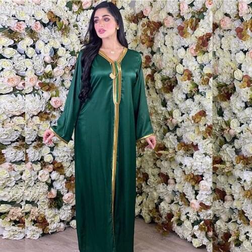 Women Green Muslim Maxi Dress India Folk Taping V Neck Turkey Arabic Ethnic Hijab 2020 Autumn abaya Loose Dress Islamic Robe