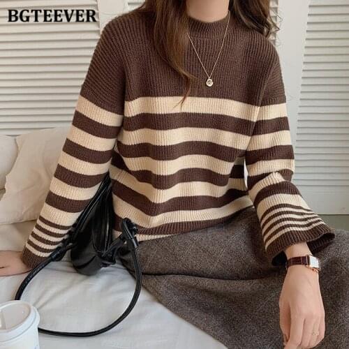 BGTEEVER Vintage O-neck Ladies Knitted Striped Jumpers 2021 Autumn Winter Knitwear Full Sleeve Loose Casual Women Sweaters