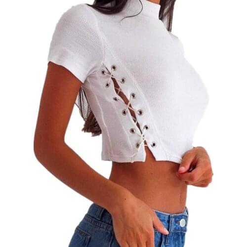 Explosion models T-shirt female short-sleeved sexy side tie short-sleeved shirt T-shirt crop top casual ladies top T-shirt