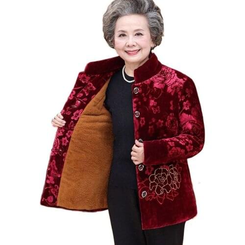 Elderly Grandmother 60-80 Age Cotton Jacket 2021 New Winter Jacket Vintage Single-Breasted Print Coat Add Velvet Warm Parker Coa