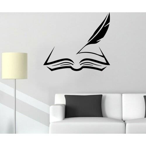 Books Vinyl Wall Decal Book And Feather Manuscript Bookstore Interior Stickers Classroom & Office Room Home Decoration C225