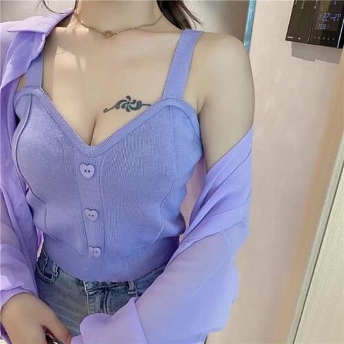 Heliar Summer Purple Women Crop Tops Buttons V-Neck Knitted Tops Casual Camis Sweet Cute Crop Tank Tops For Women