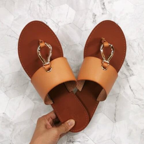 Fashion Women Sandals Summer Outside Shoes Woman Retro Open Toe Flip Flops Flat Whit Metal Decoration Lady Sandal Beach Slides
