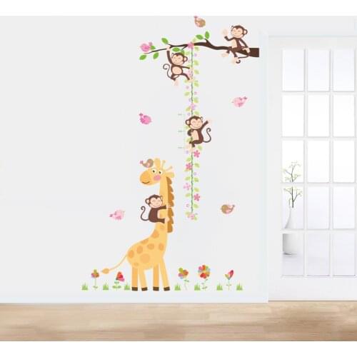 Cartoon Giraffe Monkey Growth Chart Wall Stickers For Kindergarten Kids Room Home Decor Living Room Animals Mural Art Wall Decal