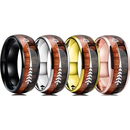 Fashion 8mm Men Silvery/Black/Gold/Rose Gold Stainless Steel Rings Koa Wood Arrows Inlay Ring Men Viking Hunting Wedding Band
