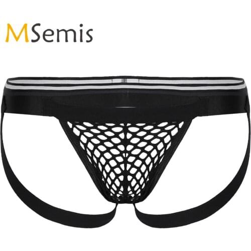 Mens Lingerie Fishnet T-back Briefs Underwear Low-waisted Elastic Waistband Panties Open Butt G-string Thong Underpants