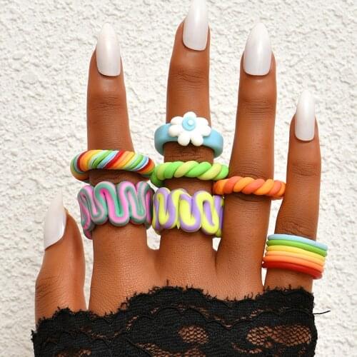 2021 New Fashion Irregular Colorful Stripe Color Contrast Handmade Clay Rings for Women Fashion Party Jewelry Gift Wholesale