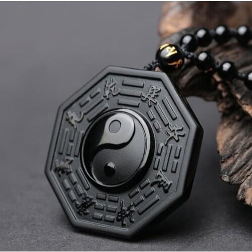 Drop Shipping Lucky Men Natural Stone Black Obsidian Pendant Necklace Chinese Bagua Dragon Phoenix Tai Chi Buddha Women Jewelry
